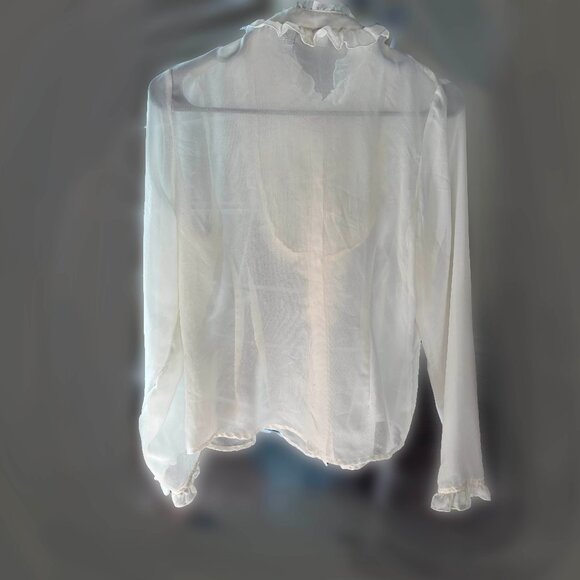 White Stag - Off White Ruffle Collar Button Down - S - Chiffon / Sheer - Picture 3 of 12